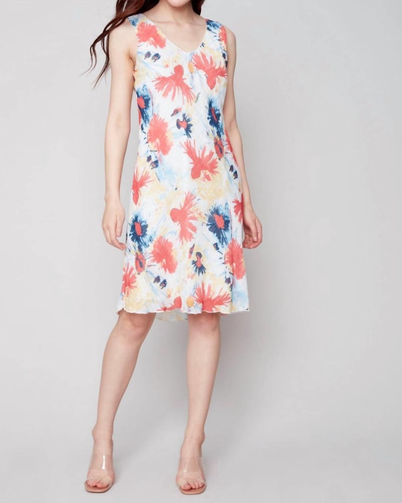 Front of a model wearing a size L Sleeveless Printed Cotton Gauze Dress in Poppy in Poppy by CHARLIE B. | dia_product_style_image_id:342669